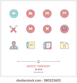 Color line icon set of dentist therapist objects, tools and elements. Dentist, healthy teeth, diagnosis, patient chart, tooth map, dentist tools, dental caries. Logo icons vector illustration