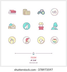 Color line icon set of farm objects and tools elements. Farm, farm animals, poultry, organic farming, farm house, tractor, cultivating corn, spring water. Logo icons vector illustration