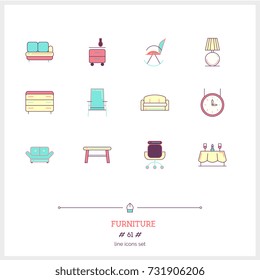 Color line icon set of furniture, interior objects and tools elements. Basic interior tools for webpage, fofa, chair, table and lamp. Logo icons vector illustration