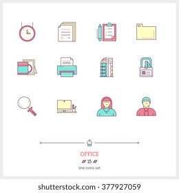 Color line icon set of office equipment, objects and tools elements. Time management, job place, avatar icons, search, office building, documents, clock, print and pass. Logo icons vector illustration