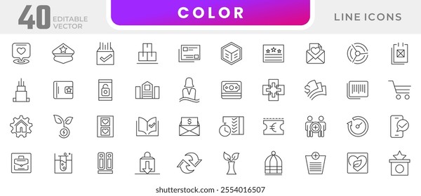 Color line icon set.  Color palette, liquid, management, teamwork, business, leadership, mentoring, implementation,  loan, money, digital nomad line icon set. UI thin line icon pack.