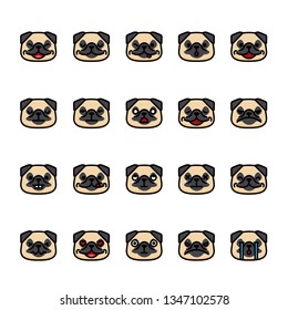 Color line icon set of Pug Dog Emoji Emoticon