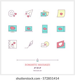 Color line icon set of romantic messages icons set. Love and Romantic objects. Icons for web and mobile app.