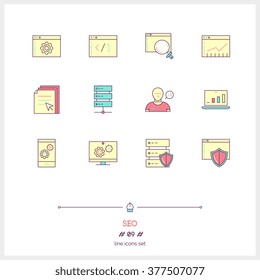 Color line icon set of SEO elements, big data center graph, internet protection password access, technical instrument. SEO, search engine optimization, programing. Logo icons vector illustration