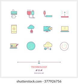 Color line icon set of technology equipment, process, objects and tools elements. Cloud technology services, global connection, network, internet data technology. Logo icons vector illustration