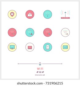 Color line icon set of wifi, internet objects and tools elements. Basic web tools for webpage, wifi. Logo icons vector illustration