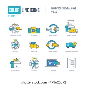 Color Line icons collection. International delivery, online order, express and fast delivery, shipping address, insurace, shipping dangerous goods, ship by air, e-coommerce