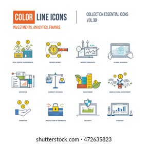 Color Line icons collection. Real estate investment, finance, search money, market research, global business, correct decision, agricultural investment, donation, protection of payment, strategy