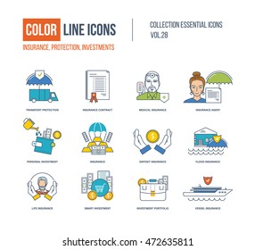 Color Line icons collection. Transport protection, insurance agent, flood and life, contract, medical insurance, personal investment, investment portfolio
