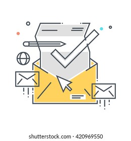 Color line, inbox, mail concept illustration, icon, background and graphics. The illustration is colorful, flat, vector, pixel perfect, suitable for web and print. It is linear stokes and fills.
