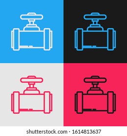 Color line Industry metallic pipes and valve icon isolated on color background. Vintage style drawing. Vector Illustration