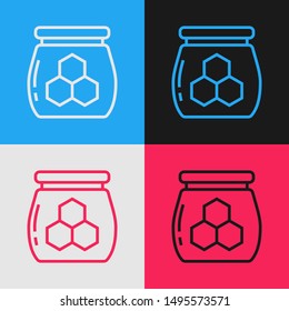 Color line Jar of honey icon isolated on color background. Food bank. Sweet natural food symbol. Vintage style drawing. Vector Illustration