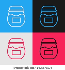 Color line Jar of honey icon isolated on color background. Food bank. Sweet natural food symbol. Vintage style drawing. Vector Illustration