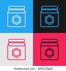 Color line Jar of honey icon isolated on color background. Food bank. Sweet natural food symbol. Vintage style drawing. Vector Illustration
