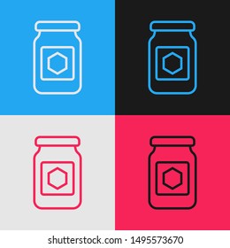Color line Jar of honey icon isolated on color background. Food bank. Sweet natural food symbol. Vintage style drawing. Vector Illustration