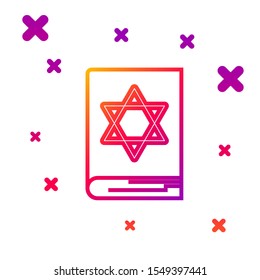 Color line Jewish torah book icon isolated on white background. Pentateuch of Moses. On the cover of the Bible is the image of the Star of David. Gradient random dynamic shapes. Vector Illustration