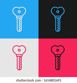 Color line Key in heart shape icon isolated on color background. Valentines day. Vintage style drawing. Vector Illustration
