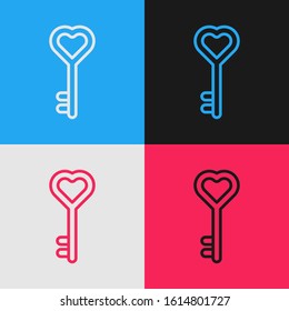 Color line Key in heart shape icon isolated on color background. Valentines day. Vintage style drawing. Vector Illustration