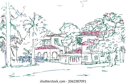 El paisaje de la línea de color con la cafetería de la playa. Dibujo de tinta coloreada de casas con tejados de tejas y árboles tropicales en América Latina. Cafe Del Mar, Calle 64, Varadero, Cuba