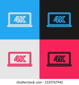 Color line Laptop screen with 4k video technology icon isolated on color background. Vintage style drawing. Vector Illustration