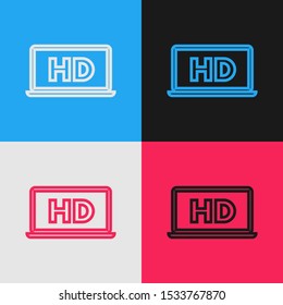 Color line Laptop screen with HD video technology icon isolated on color background. Vintage style drawing. Vector Illustration