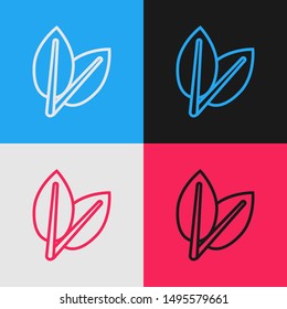 Color line Leafs icon isolated on color background. Fresh natural product symbol. Vintage style drawing. Vector Illustration