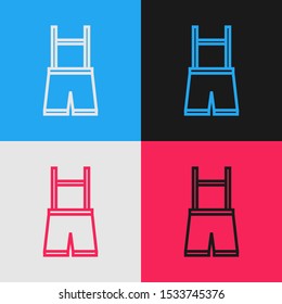 Color line Lederhosen icon isolated on color background. Traditional bavarian clothing. Oktoberfest outfit. Pants with suspenders. Patrick day. Vintage style drawing. Vector Illustration