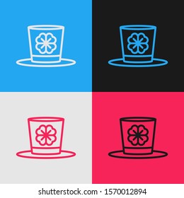 Color line Leprechaun hat and four leaf clover icon isolated on color background. Happy Saint Patricks day. Vintage style drawing. Vector Illustration