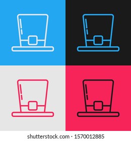 Color line Leprechaun hat icon isolated on color background. Happy Saint Patricks day. Vintage style drawing. Vector Illustration