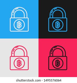 Color line Lock with bitcoin icon isolated on color background. Cryptocurrency mining, blockchain technology, security, protect, digital money. Vintage style drawing. Vector Illustration