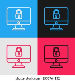 Color line Lock on computer monitor screen icon isolated on color background. Security, safety, protection concept. Safe internetwork. Vintage style drawing. Vector Illustration