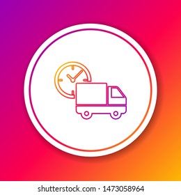 Color line Logistics delivery truck and clock icon isolated on color background. Delivery time icon. Circle white button. Vector Illustration