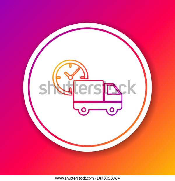 Color line Logistics delivery truck and\
clock icon isolated on color background. Delivery time icon. Circle\
white button. Vector\
Illustration