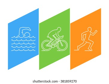 Color line logo triathlon. Vector linear figures triathletes. Figure triathlon athletes. Triathlon, swimming, cycling and running.