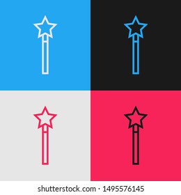 Color line Magic wand icon isolated on color background. Star shape magic accessory. Magical power. Vintage style drawing. Vector Illustration