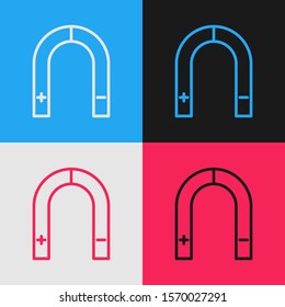 Color line Magnet icon isolated on color background. Horseshoe magnet, magnetism, magnetize, attraction. Vintage style drawing. Vector Illustration