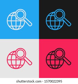 Color line Magnifying glass with globe icon isolated on color background. Analyzing the world. Global search sign. Vintage style drawing. Vector Illustration