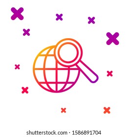 Color line Magnifying glass with globe icon isolated on white background. Analyzing the world. Global search sign. Gradient random dynamic shapes. Vector Illustration