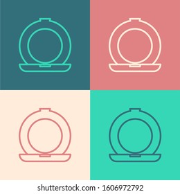 Color line Makeup powder with mirror icon isolated on color background.  Vector Illustration
