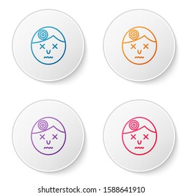 Color line Man having headache, migraine icon isolated on white background. Set icons in circle buttons. Vector Illustration