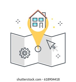 Color line, map location concept illustration, icon, background and graphics. The illustration is colorful, flat, vector, pixel perfect, suitable for web and print. It is linear stokes and fills.