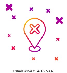 Color line Map pin with cross mark icon isolated on white background. Navigation, pointer, location, map, gps, direction, place, compass, search concept. Gradient random dynamic shapes. Vector