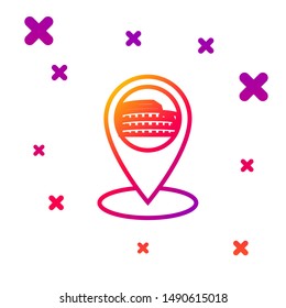 Color line Map pointer with Coliseum in Rome, Italy icon isolated on white background. Colosseum sign. Symbol of Ancient Rome, gladiator fights. Gradient random dynamic shapes. Vector Illustration