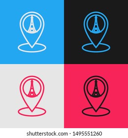 Color line Map pointer with Eiffel tower icon isolated on color background. France Paris landmark symbol. Vintage style drawing. Vector Illustration