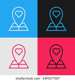 Color line Map pointer with heart icon isolated on color background. Valentines day. Love location. Romantic map pin. Vintage style drawing. Vector Illustration