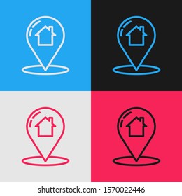 Color line Map pointer with house icon isolated on color background. Home location marker symbol. Vintage style drawing. Vector Illustration