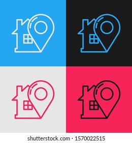 Color line Map pointer with house icon isolated on color background. Home location marker symbol. Vintage style drawing. Vector Illustration