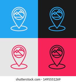 Color line Map pointer with mountain icon isolated on color background. Mountains travel icon. Vintage style drawing. Vector Illustration