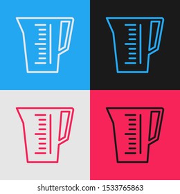 Color line Measuring cup to measure dry and liquid food icon isolated on color background. Plastic graduated beaker with handle. Vintage style drawing. Vector Illustration