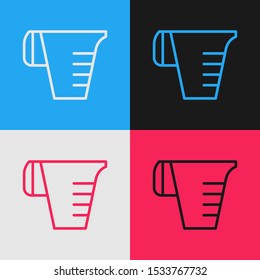 Color line Measuring cup to measure dry and liquid food icon isolated on color background. Plastic graduated beaker with handle. Vintage style drawing. Vector Illustration